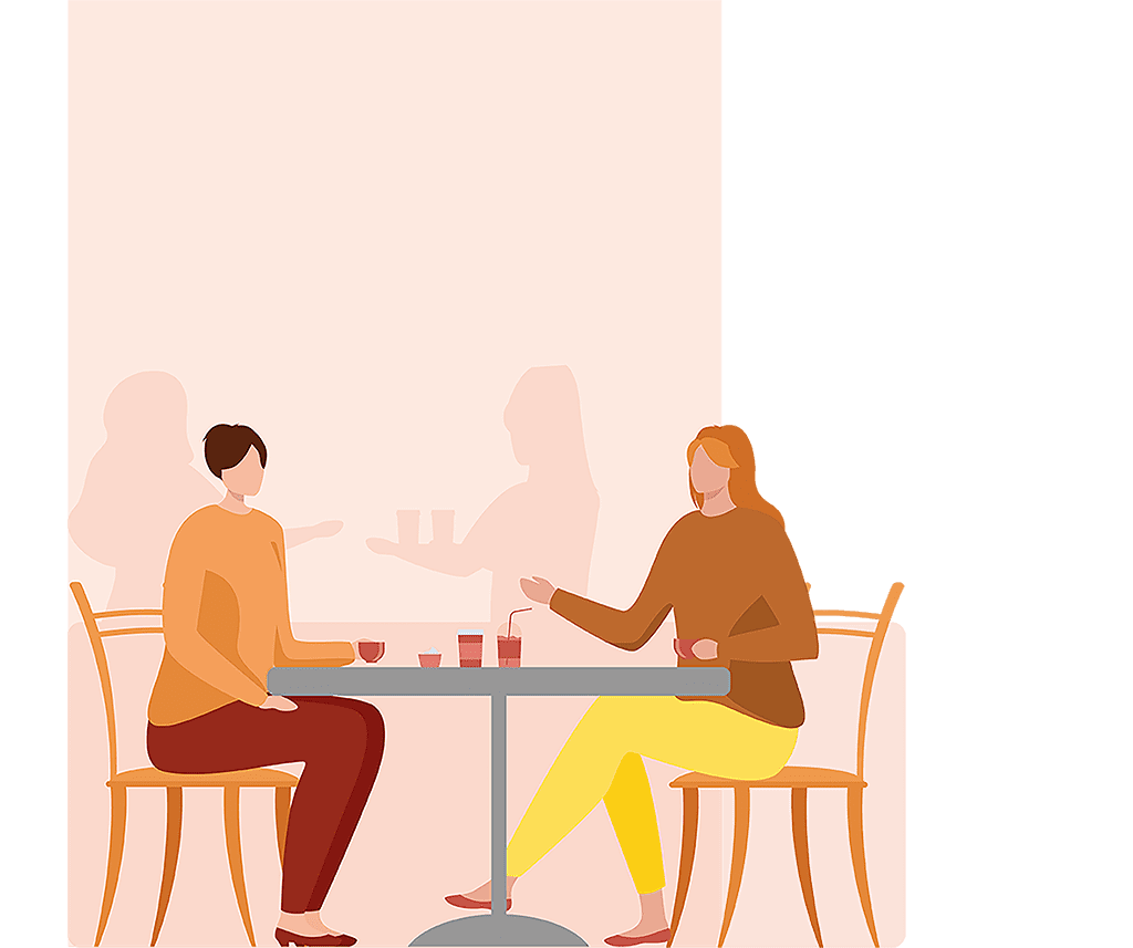Illustration showing two women sat at a table, a variety of drinks are on the table.
